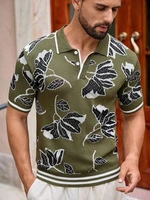Mainfolk 男士 Polo 衫，时尚休闲三色提花叶图案针织短袖毛衣男士花卉 Polo 衫男士夏季上衣男士休闲上衣男士时尚上衣男士印花 Polo 衫 - 軍綠色 - 查看 4