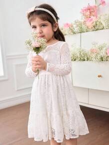 优雅可爱的白色花朵蕾丝长袖连衣裙 - 白色 - 查看 7