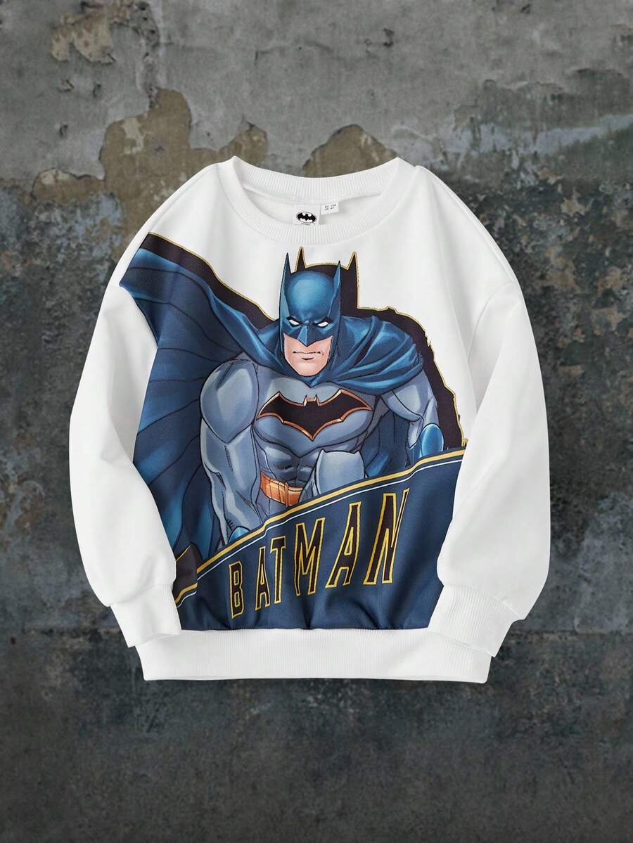 BATMAN X SHEIN 小男孩卡通人物印花白色宽松圆领落肩卫衣，秋冬