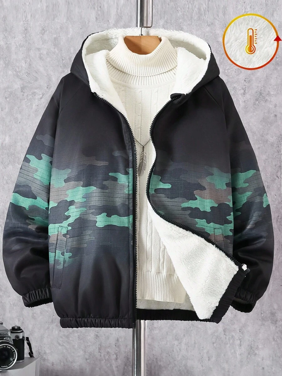 1pc Tween Boy Outdoor Casual Autumn/Winter Thermal Lined Cargo Jacket - Black - View 1