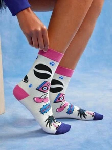 PEPSI X SHEIN 2 Pairs Soft & Breathable Moisture-Wicking Casual Women Crew Socks Fashionable And Cute Cherry Black Crew Socks Reinforced Toe & Heel For Durability All Season All-Match Summer Winter - Multicolor - View 7