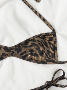 Swim SXY 2pcs Leopard Print Halter Strappy Backless Sexy Bikini Set For Women, Autumn For Summer Beach Vacation - Multicolor - View 8