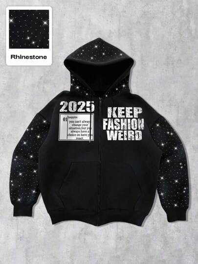 Street Life Sudadera con capucha con cierre y efecto de strass con gráfico en inglés americano de estilo callejero unisex