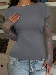 CovetEZ Women's Casual Gray Knit Lace Patchwork 2 In 1 Long Sleeve Top - Grey - View 6