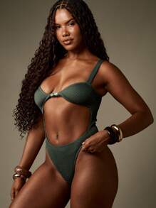 MISSGUIDED Costume da bagno intero monokini con texture a costine, taglio cut-out, con accento di perle, adatto per vacanze al mare, resort e piscina estiva