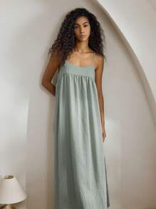 Ocili Leisure Women Natural Linen Striped Slip Dress, Comfortable Nightgown Home Dress - Baby Blue - View 5