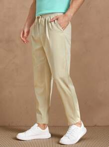Manfinity VCAY Men Solid Drawstring Waist Trousers - Beige - View 3