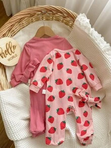 2件套新生女婴可爱草莓印花圆领长袖前拉链柔软连体衣套装 - 粉色 - 查看 2