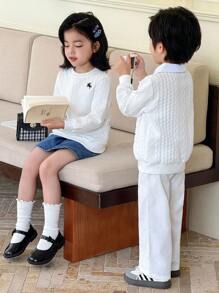 Genkimix Kids Bộ quần dài 2 trong 1 dệt kim cổ chữ V cho bé trai, phong cách Hàn Quốc, thường ngày - trắng - Xem 4