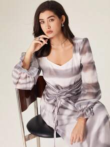 Modelyn 法式甜心领长袖束腰女式连衣裙 - 灰色 - 查看 7
