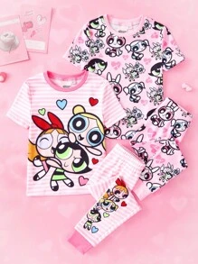 THE POWERPUFF GIRLS X SHEIN Young Girl Cartoon Pink Blossom, Bubbles, Buttercup Pattern Cute Short Sleeve T-Shirt And Pants Pajama Set - Multicolor - View 3