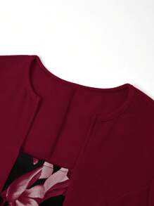 SHEIN Clasi 加大码女式花卉印花拼布泡泡袖二合一优雅连衣裙生日服装女式花卉印花连衣裙套装 - 酒紅色 - 查看 3
