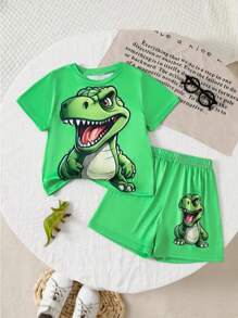 Toddler Boys' Vacation Casual Comfortable Dinosaur Print Round Neck Short Sleeve T-Shirt And Printed Shorts Set Animal Print Dress Halloween Costumes School Clothes School Clothes Back To School Clothes Puppy Keep Puppy Graphic Tees - Multicolor - View 3