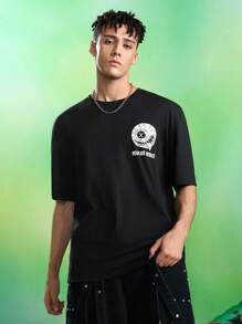 MADBALLS X SHEIN 男式字母与卡通图案黑色圆领短袖T恤 - 黑色 - 查看 2