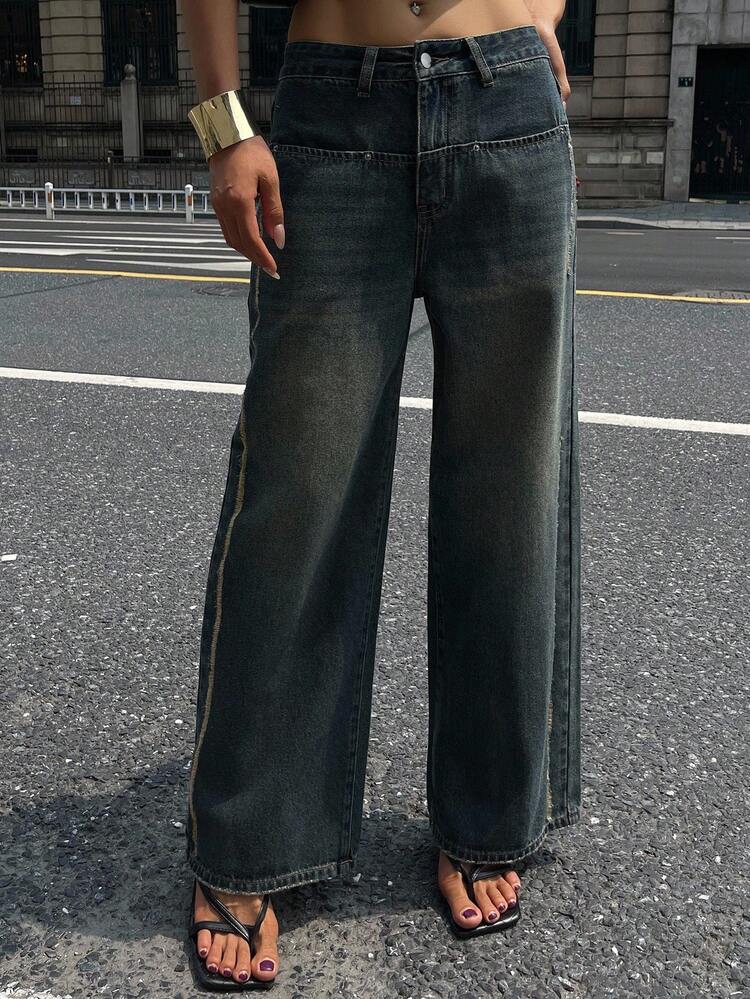 Vintage Washed Straight Leg Jeans, Fashionable & Stylish, Distressed Relaxed Fit Casual Wide Leg Pants