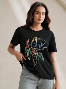 Anewsta 优雅鸟刺绣圆领 T 恤，图案 T 恤适合春夏季度假