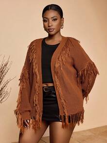 Veslaya 2025 Nuovo Cardigan in maglia marrone con frange, stile college/casual business/stile occidentale/abbigliamento da ufficio/casual da strada/vacanza in città/laurea/vacanza elegante/festa/Giorno dell'Indipendenza/moda di base per uso esterno e sociale, taglie comode per donne taglia forte, Autunno/Inverno - Castano - Visualizzare 3