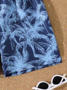 SHEIN 男童个性化泳裤，棕榈叶印花设计彰显活力，舒适无忧，适合在泳池或海滩畅游，男士泳裤棕榈树泳裤蓝色泳裤热带泳裤 - 彩色 - 查看 4