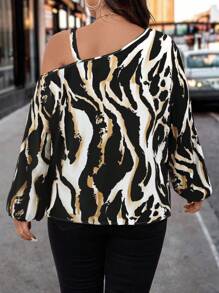 EMERY ROSE Elegant Vacation Print Autumn Shirt For Plus-Size Ladies Fall Cloth For Women