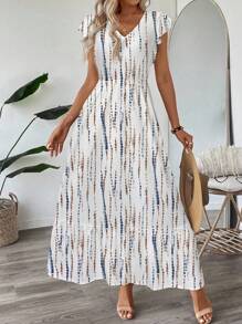 SHEIN LUNE V领荷叶边条纹扎染荷叶袖荷叶边下摆A字连衣裙，女士休闲度假连衣裙，适合外出穿着 - 彩色 - 查看 4