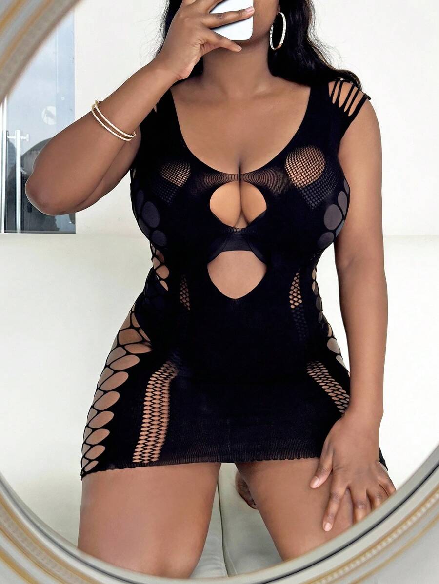 SHEIN Đầm lưới mini bó sát gợi cảm cỡ lớn - màu đen - Xem 1