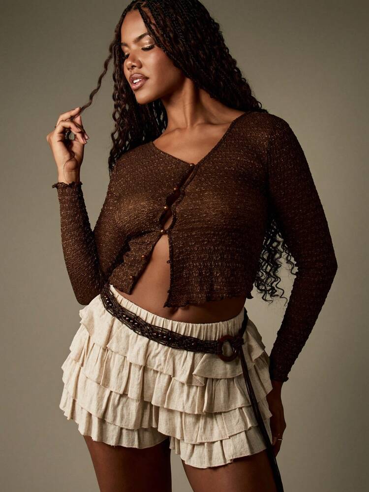 MISSGUIDED Asymmetric Button Front Knit Cardigan Cropped Length Long Sleeve Textured Sweater Lightweight Autumn Spring Fall Fashion Basic Essential
