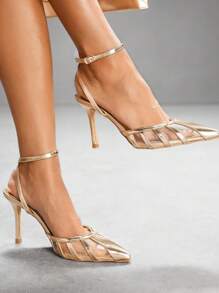CUCCOO SZL Women's Metallic Gold PU & Mesh Panel Strap Ankle Strap Pointed Toe Backless Fashion Sexy French Style Party Date Pumps