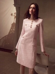 MOTF PREMIUM TWEED PATCH POCKET BEADED SHORT DRESS - Pink - View 1