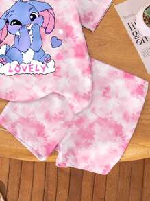 Adorable Pink Tie-Dye Co-Ord Set With Bunny Graphics And Round Neck Tee For Kids - Multicolor - View 3