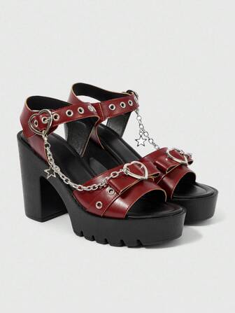 Grunge Punk Women's Elegant Fashion Heart & Star Metal Chain Design High Heel Sandals, Waterproof Platform Punk Style Round Toe Wine Red Roman Sandals, Suitable For Party, Daily Wear, Evening Dress, Height Increasing And Leg Lengthening, Comfortable Versatile High Heels