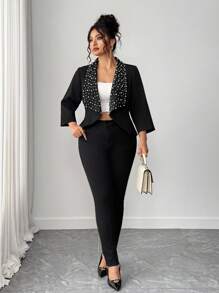 SHEIN Elenzya Veste élégante et sophistiquée de haute qualité avec col perlé, convenant aux femmes de grande taille pour les déplacements quotidiens et les occasions formelles, idéale pour le printemps et l'automne - Noir - Voir 4