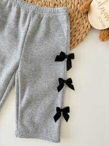 SHEIN 2件套女婴休闲针织灰色蝴蝶结长袖运动衫和裤子套装