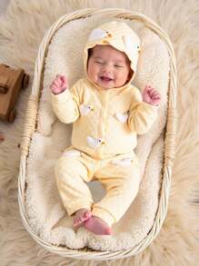 SHEIN Pelele de punto con estampado de patito y gorro con capullo de flor adorable para bebé niña - Amarillo - Ver 1