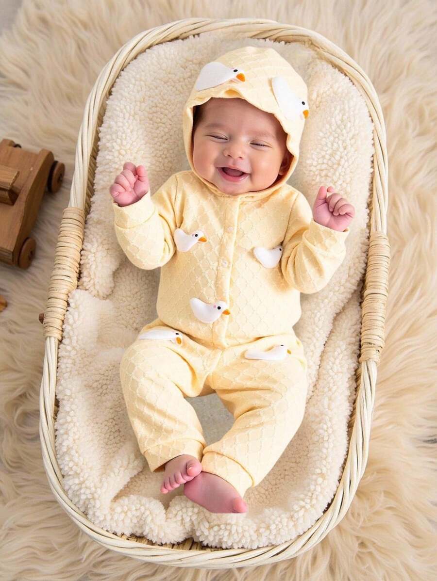 SHEIN Pelele de punto con estampado de patito y gorro con capullo de flor adorable para bebé niña - Amarillo - Ver 1