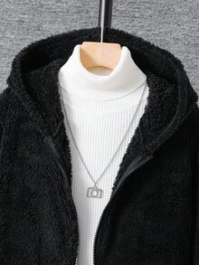 SHEIN 青少年男孩连帽休闲学院风柔软舒适简约实用毛绒夹克，适合秋冬季，适合日常穿着、户外玩耍、学校、街头风格、派对和居家 - 黑色 - 查看 5