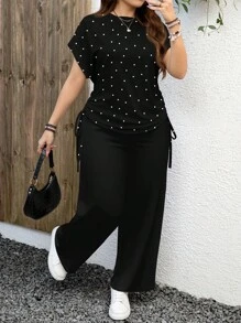 EMERY ROSE 2 件大码女士休闲黑白波尔卡圆点印花圆领短袖宽松裤套装，适合夏季 - 彩色 - 查看 1