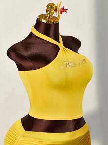 Amplova Bộ 2 chiếc áo yếm đính đá cỡ lớn cho nữ và quần short mini có dây rút - Màu vàng - Xem 9