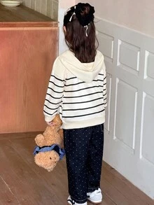 Genkimix Kids Young Girl Striped Print Star & Letter Embroidered Casual Hooded Jacket - Apricot - View 2