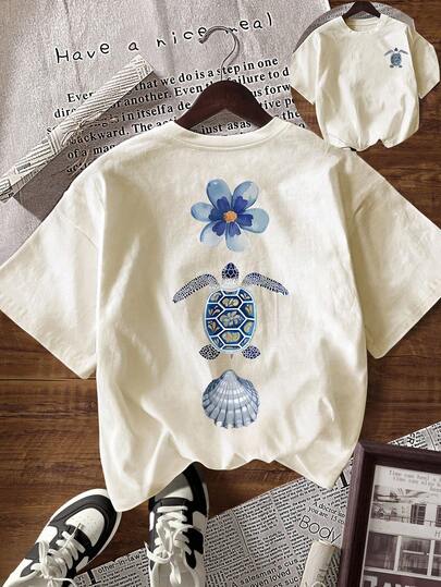 INAWLY Camiseta de manga corta de cuello redondo casual con estampado floral y de tortuga marina para mujer, verano
