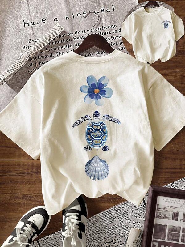INAWLY Camiseta de manga corta de cuello redondo casual con estampado floral y de tortuga marina para mujer, verano