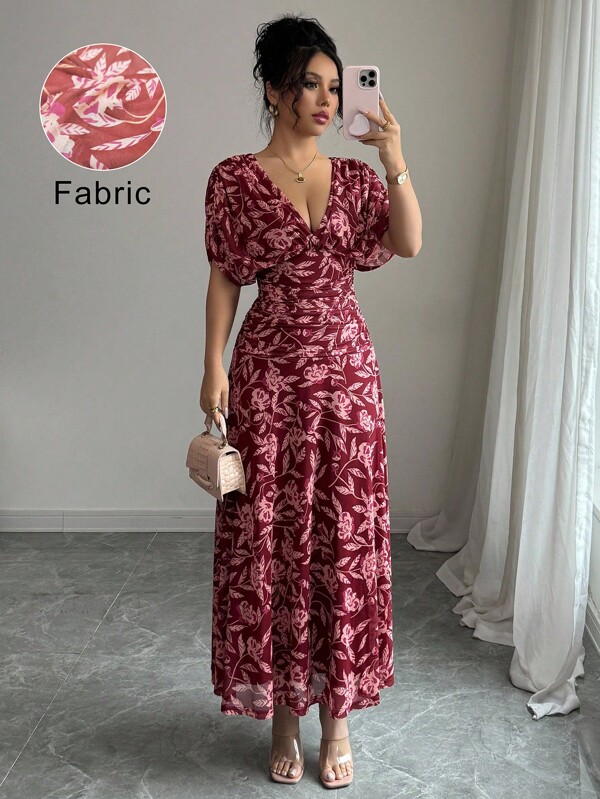 SHEIN PETITE Women's Elegant V-Neck Ruched A-Line Maxi Dress, Suitable For Beach, Afternoon Tea, Party, Spring/Summer