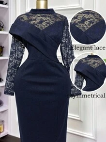 Modelyn 大码女式立领撞色蕾丝长袖开衩下摆优雅连衣裙 - 藏蓝色 - 查看 1