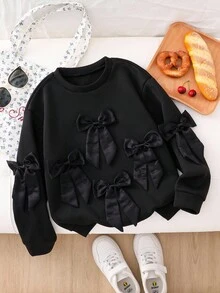 SHEIN Tween Girls Casual All-Match Daily Wear Sweet Bow Decor Round Neck Sweatshirt - Black - View 3