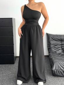POPSWAY Vintage Slim Fit Casual Waist Cinched Solid Color Jumpsuit - Black - View 6