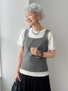 FRIFUL 女士纯色深灰色罗纹纹理修身背心式毛衣背心，适合休闲、旅行、机场穿着的多功能分层单品