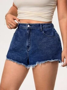 SHEIN EZwear 大码女式口袋蝴蝶结刺绣水洗无弹力牛仔短裤 - 深色水洗藍 - 查看 2