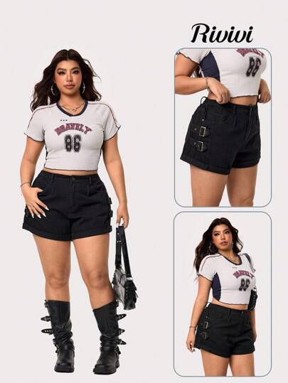 Rivivi 大码女式前卫街头风格别致黑色无弹力牛仔短裤