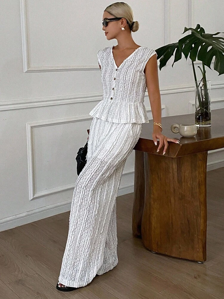 2pcs Women Textured Striped V-Neck Sleeveless Top And Pants Casual Vacation Suit, Autumn