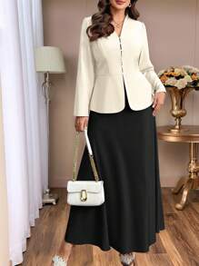 Auvina Bộ đồ 2 món cỡ lớn cho nữ, áo sơ mi màu trơn có dây buộc sau lưng và chân váy ngắn, thường ngày - Nhiều màu - Xem 1