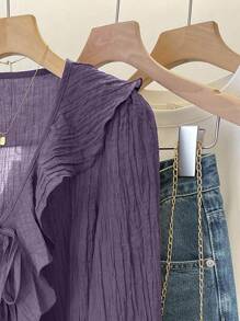 INAWLY Women's Spring/Autumn V-Neck Knotted Ruffle Trim Long Sleeve Blouse, Textured Fabric Fall Cloth For Women - Purple - View 6